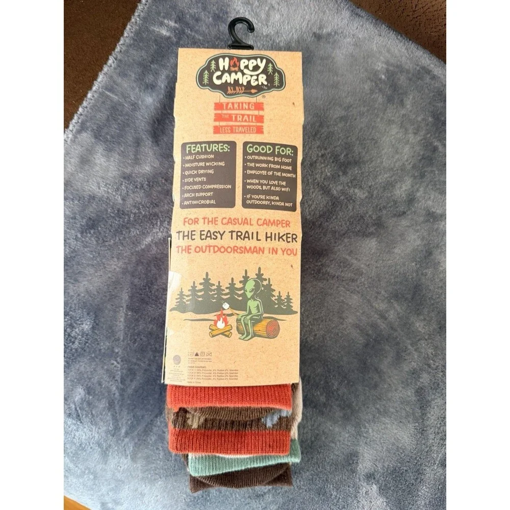 Happy Camper 4 Pair Bigfoot Theme Camping Theme Mens Novelty Crew Socks NWT 6-12